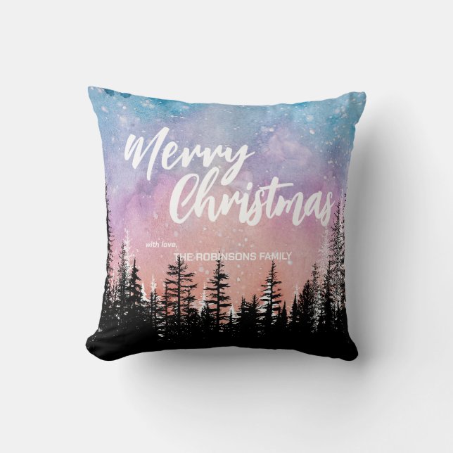 Merry Christmas tree Night gradient script forest  Throw Pillow (Front)