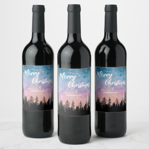 Merry Christmas tree Night gradient script forest Wine Label
