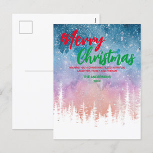 Merry Christmas tree Night red green script forest Holiday Postcard