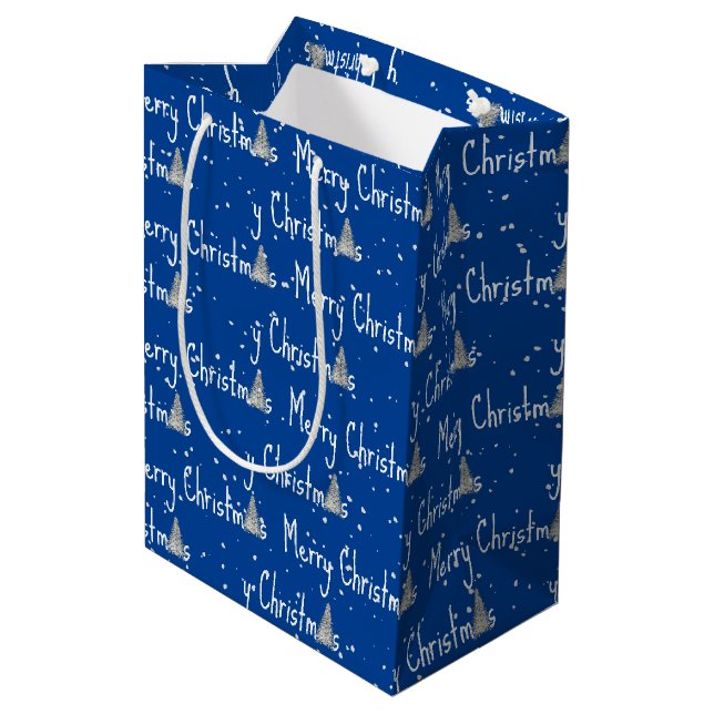 Merry Christmas Tree On Blue Medium Gift Bag (Back Angled)