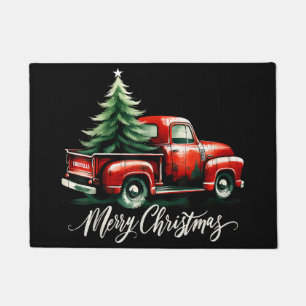 Merry Christmas Tree On Red Truck Vintage Family M Doormat