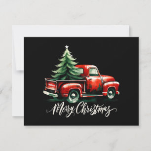 Merry Christmas Tree On Red Truck Vintage Family M Holiday Card