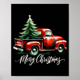 Merry Christmas Tree On Red Truck Vintage Family M Poster