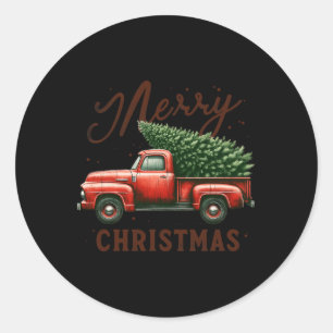 Merry Christmas Tree On Red Truck Wagon Vintage Ch Classic Round Sticker