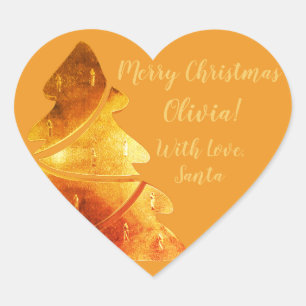 Merry Christmas Tree Orange Gold Elegant Heart Sticker
