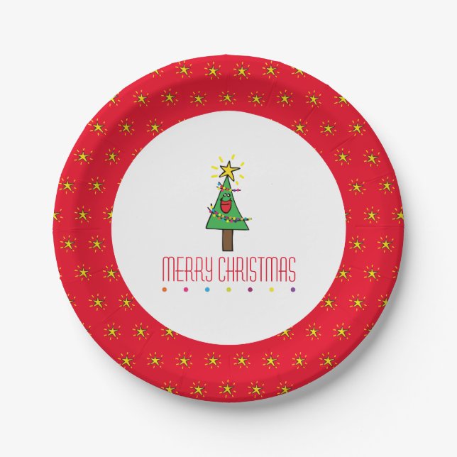 Merry Christmas Tree Ornaments Lights Paper Plate (Front)