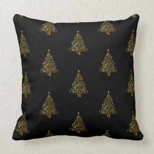 Merry Christmas Tree Pattern Black Gold Elegant Throw Pillow
