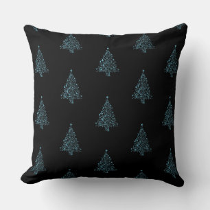 Merry Christmas Tree Pattern Black Metallic Blue Throw Pillow