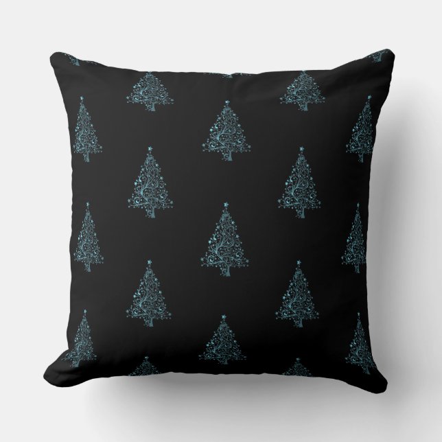 Merry Christmas Tree Pattern Black Metallic Blue Throw Pillow (Front)