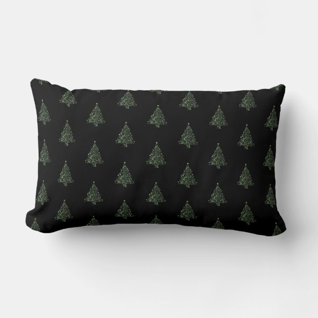 Merry Christmas Tree Pattern Black Metallic Green Lumbar Pillow (Front)