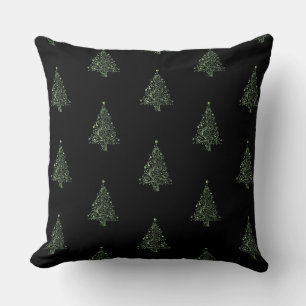 Merry Christmas Tree Pattern Black Metallic Green Throw Pillow
