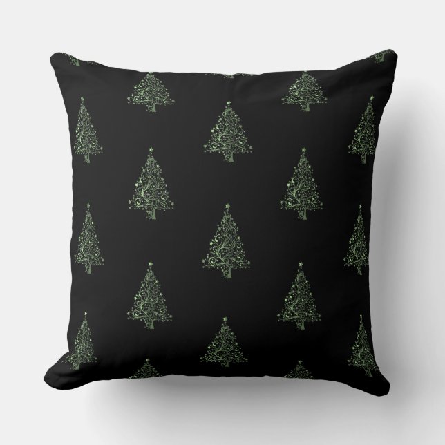 Merry Christmas Tree Pattern Black Metallic Green Throw Pillow (Front)