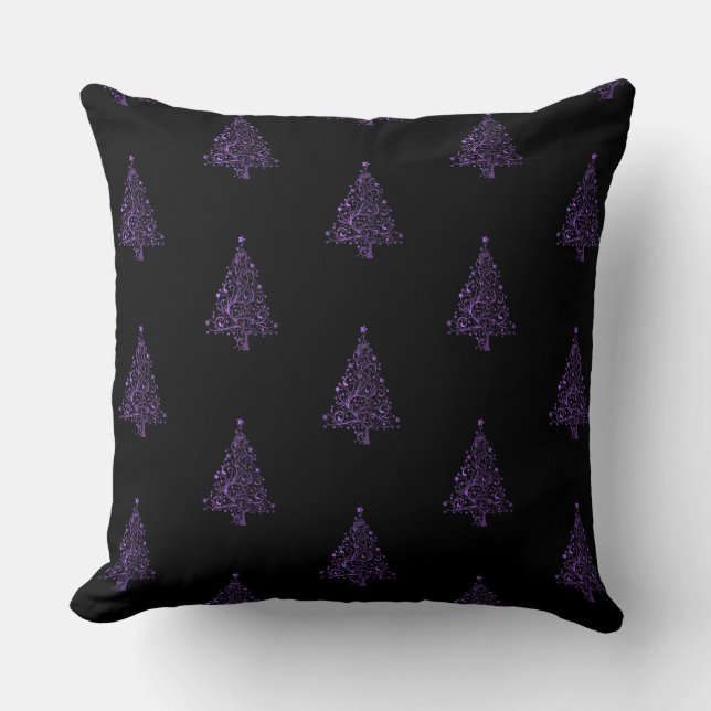 Merry Christmas Tree Pattern Black Purple Elegant Throw Pillow (Front)