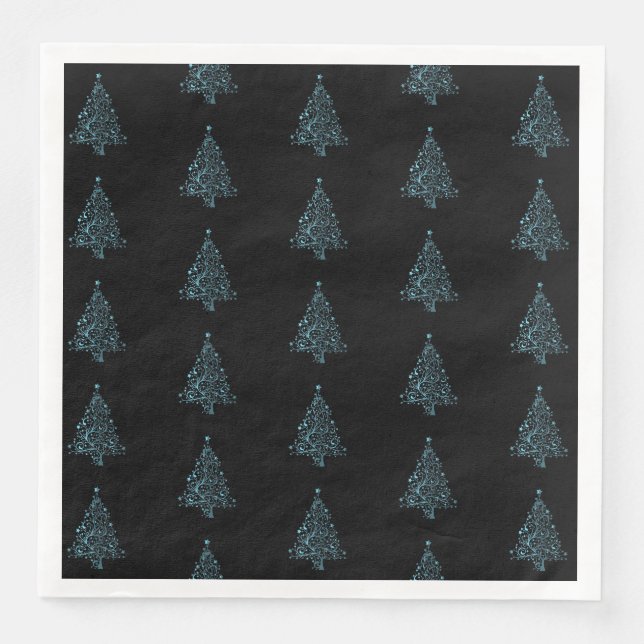 Merry Christmas Tree Pattern Blue Black Elegant Napkin (Front)