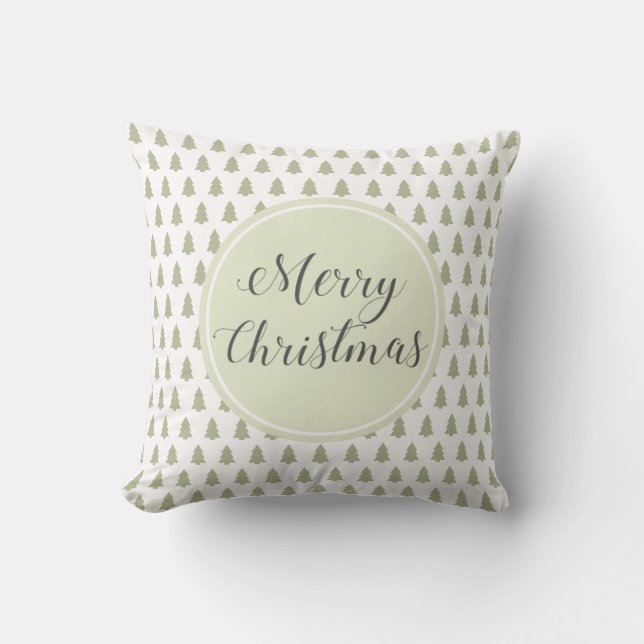 Merry Christmas Tree Pattern Green White Throw Pillow (Front)