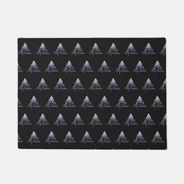 Merry Christmas Tree Pattern Holiday Blue Doormat (Front)