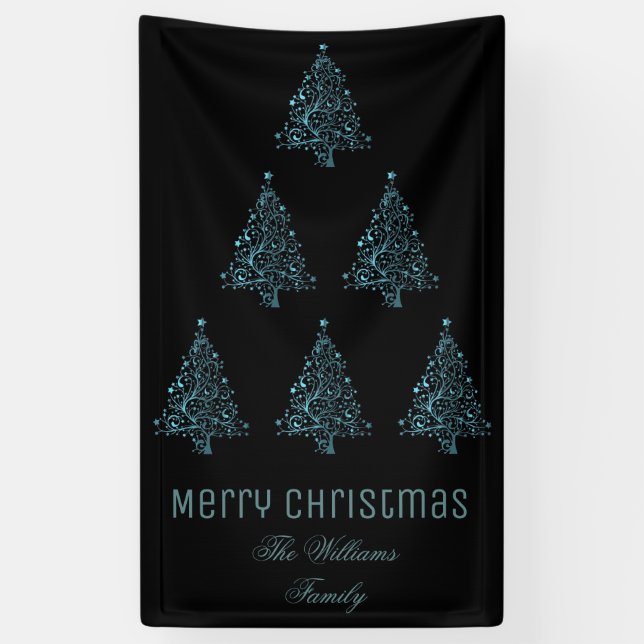 Merry Christmas Tree Pattern Metallic Blue Black Banner (Vertical)