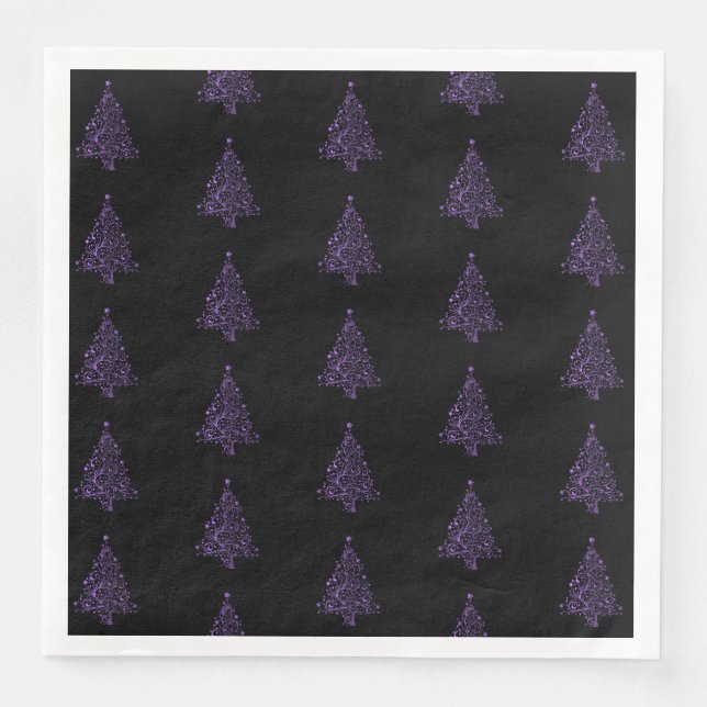 Merry Christmas Tree Pattern Purple Black Elegant Napkin (Front)