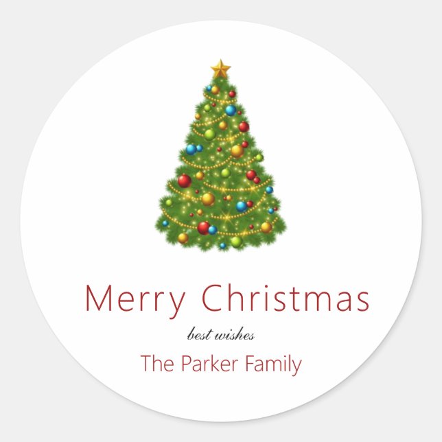 Merry Christmas Tree Personalized Classic Round Sticker (Front)