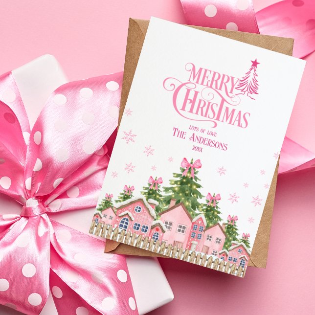 Merry Christmas Tree Pink Bow Pinkmas Holiday Card (Creator Uploaded)