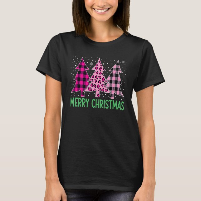 Merry Christmas Tree Pink Buffalo Plaid And Leopar T-Shirt (Front)
