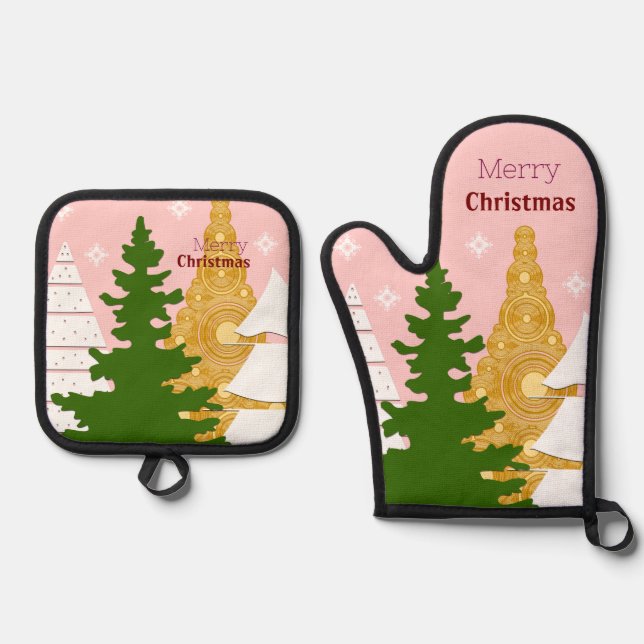 Merry Christmas tree pink Oven Mitt & Pot Holder Set (Front)