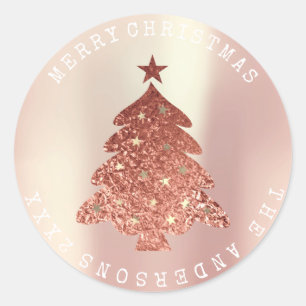 Merry Christmas Tree Pink Rose Gold Pearly Pastel Classic Round Sticker
