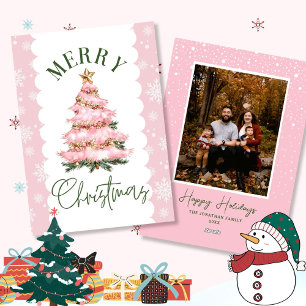 Merry Christmas Tree Pink Snow Holiday Card