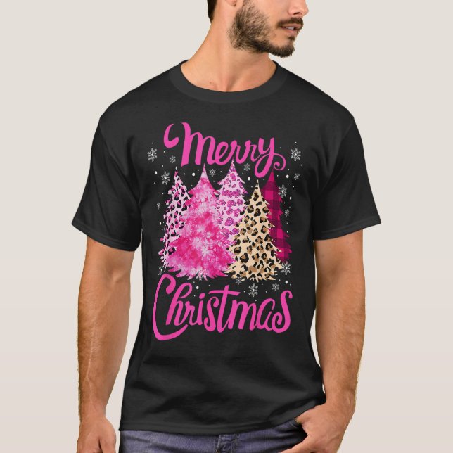 Merry Christmas Tree Pink  Xmas Leopard Matching F T-Shirt (Front)