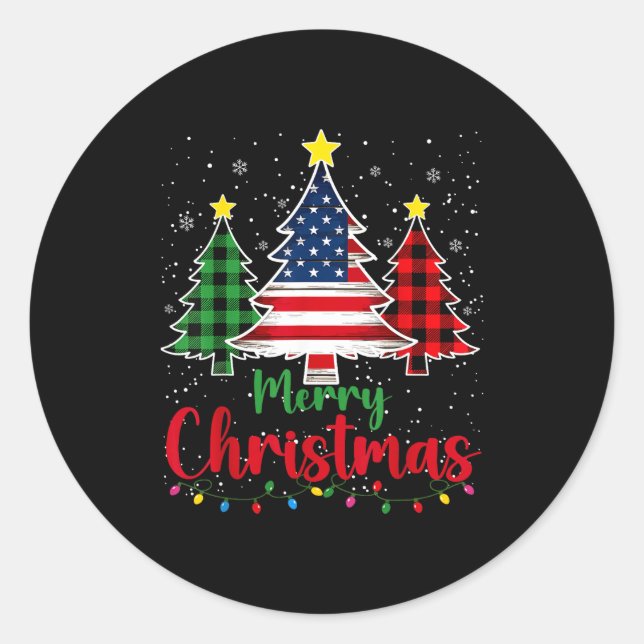 Merry Christmas Tree Plaid Us Flag Snowflake Xmas  Classic Round Sticker (Front)