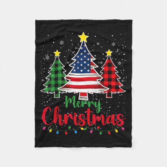 Merry Christmas Tree Plaid Us Flag Snowflake Xmas  Fleece Blanket (Front)