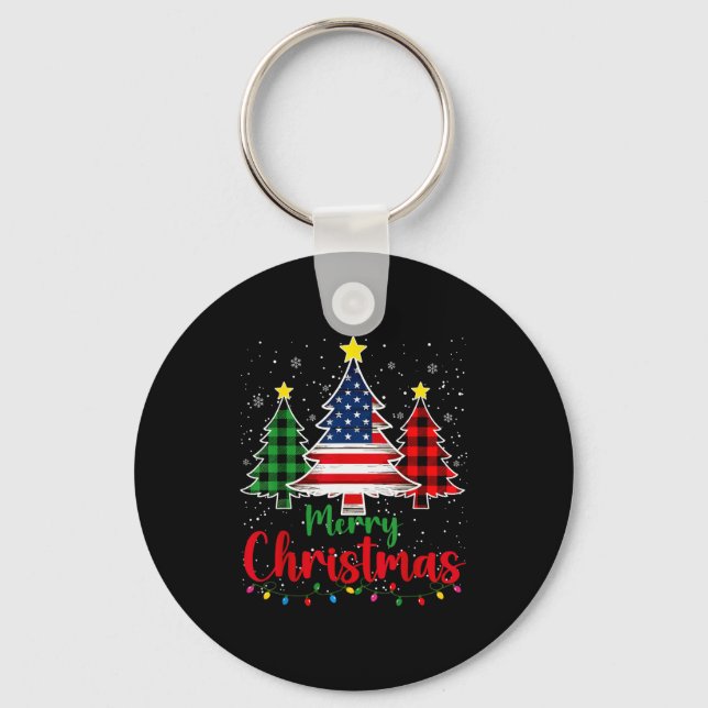 Merry Christmas Tree Plaid Us Flag Snowflake Xmas  Keychain (Front)