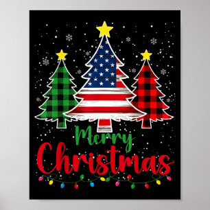 Merry Christmas Tree Plaid Us Flag Snowflake Xmas  Poster