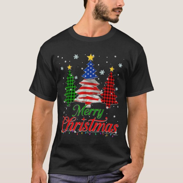 Merry Christmas Tree Plaid Us Flag Snowflake Xmas  T-Shirt (Front)