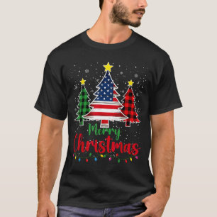 Merry Christmas Tree Plaid Us Flag Snowflake Xmas  T-Shirt