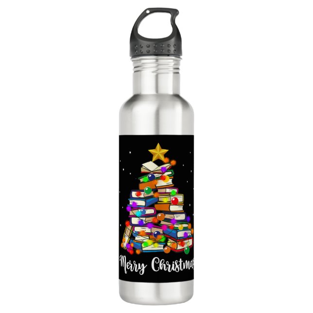Merry Christmas Tree Reading Books Lover Librarian 710 Ml Water Bottle (Front)