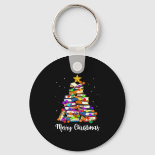 Merry Christmas Tree Reading Books Lover Librarian Keychain