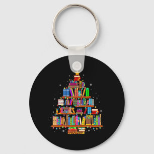 Merry Christmas Tree Reading Books Lover Librarian Keychain