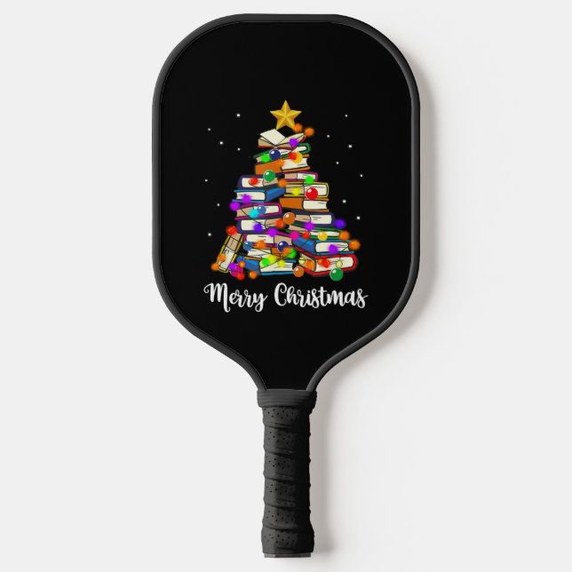 Merry Christmas Tree Reading Books Lover Librarian Pickleball Paddle (Front)
