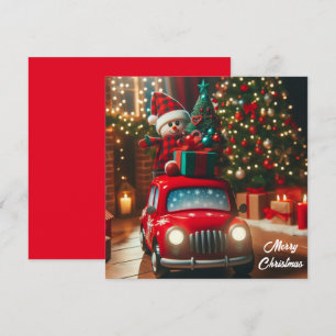 Merry Christmas tree red car bringing gifts Holiday Card