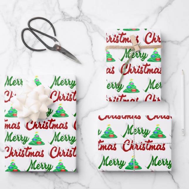Merry Christmas Tree red green script Wrapping Paper Sheet (Front)