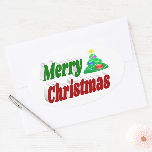 Merry Christmas Tree red green typography Oval Sticker (Envelope)