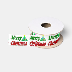 Merry Christmas Tree red green typography Satin Ribbon