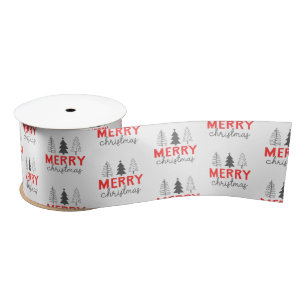 Merry Christmas Tree Red Grey Satin Ribbon