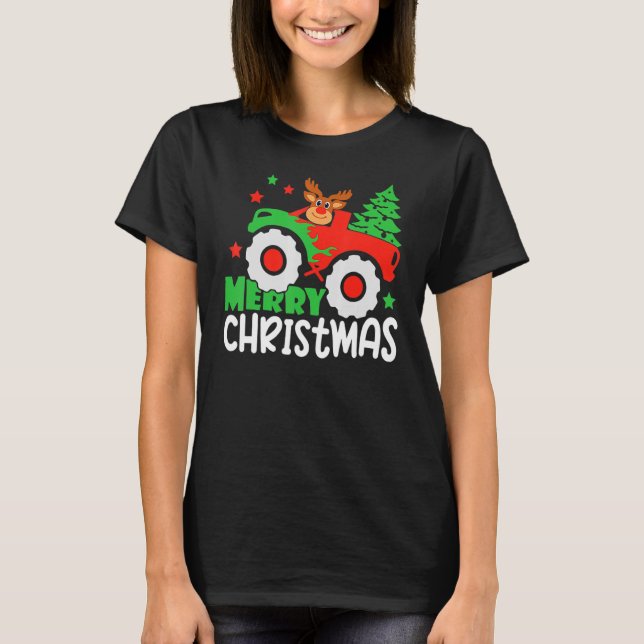 Merry Christmas Tree Reindeer Monster Truck Men Wo T-Shirt (Front)
