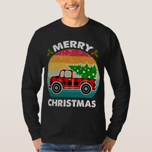 Merry Christmas Tree Retro Red Truck Buffalo Plaid T-Shirt