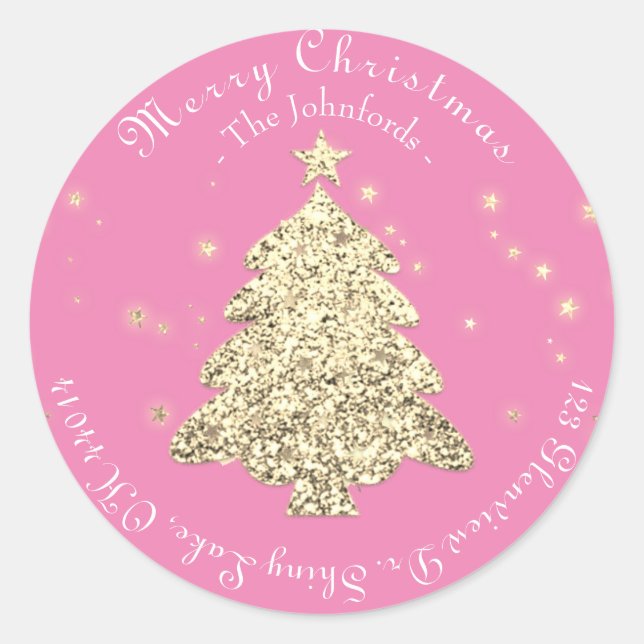 Merry Christmas Tree RSVP Greetings Gold Pink Classic Round Sticker (Front)