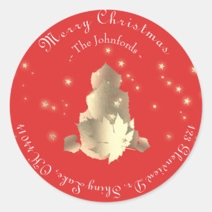 Merry Christmas Tree RSVP Red White Gold Abstract Classic Round Sticker