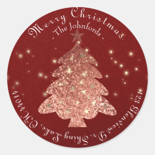 Merry Christmas Tree RSVP Rose Gold Kraft Burgundy Classic Round Sticker