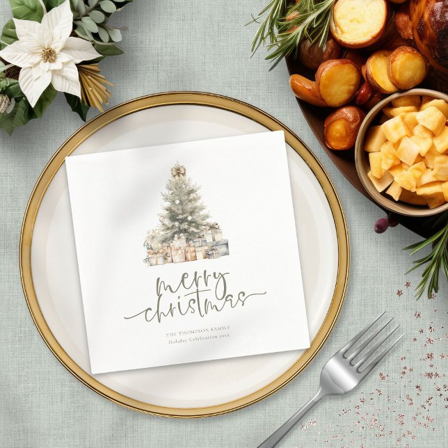 Merry Christmas Tree Sage Script Name Year Napkin (Creator Uploaded)